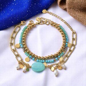 🆕️ 18K Gold Plated Stainless Steel Bracelet Set: Jade & Freshwater Pearls 🌟